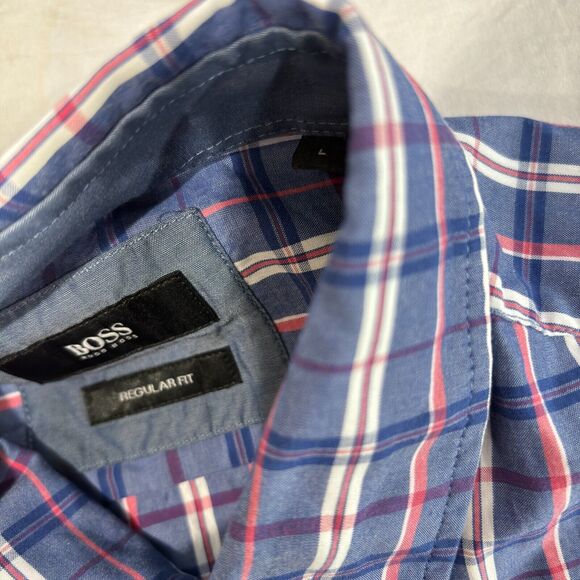 Hugo Boss Button Up Shirt Men's Size L Purple Lavender check Pattern - Picture 10 of 14
